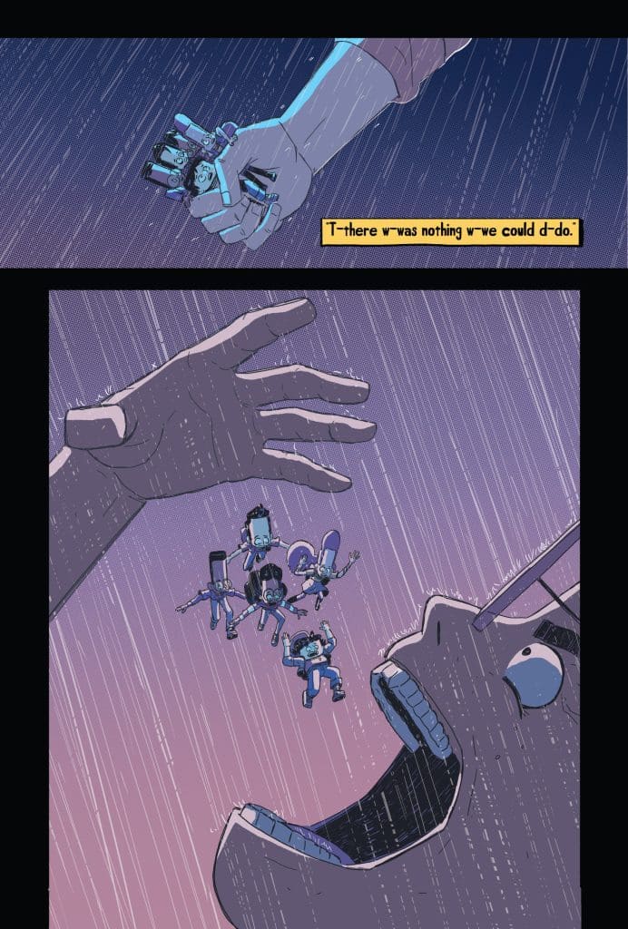 A hand holding small figures against a rainy background, with a large open mouth below, depicting a dramatic scene with text showing a character's emotional distress.