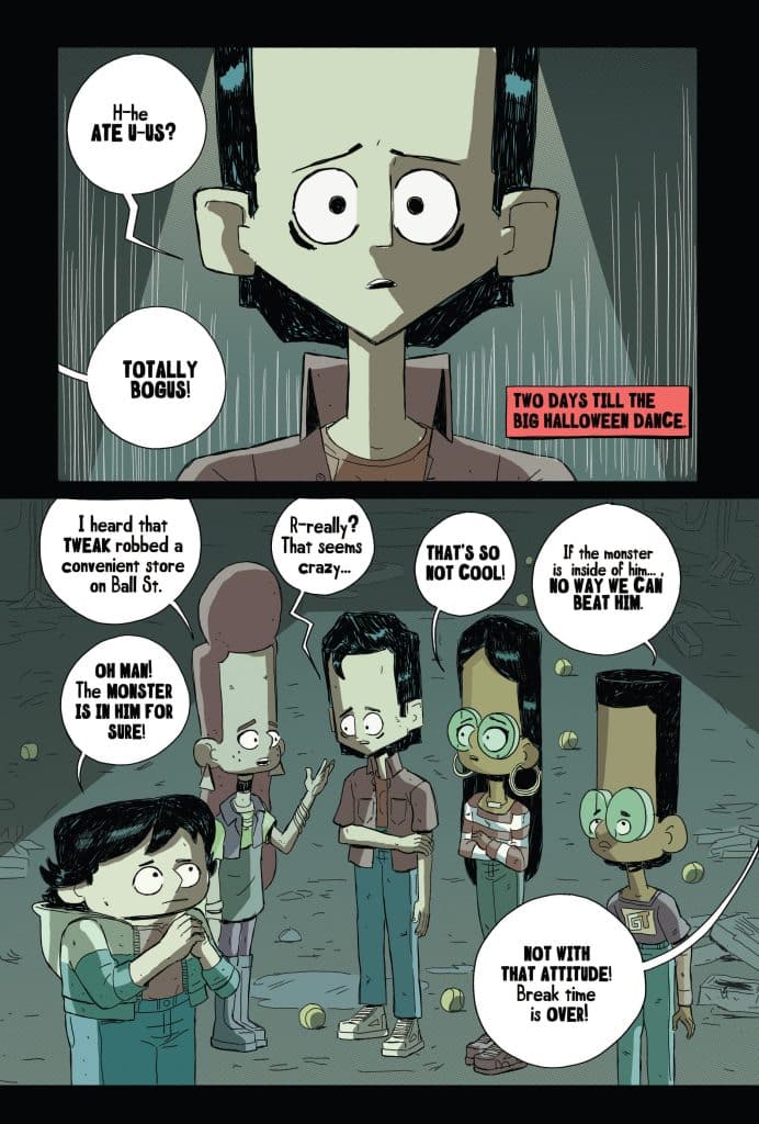 A comic panel featuring four characters discussing a monster threat days before a Halloween dance. One character appears worried, while another dismisses the fear as unfounded. The scene conveys a sense of urgency and camaraderie among the friends.