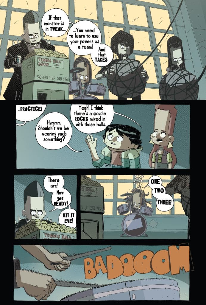 A comic panel showing four characters in a classroom setting, discussing teamwork and practice. One character is holding a box labeled 'Tennis Balls', while another is preparing to throw a ball. There's a sense of urgency as they prepare for a coordinated action.