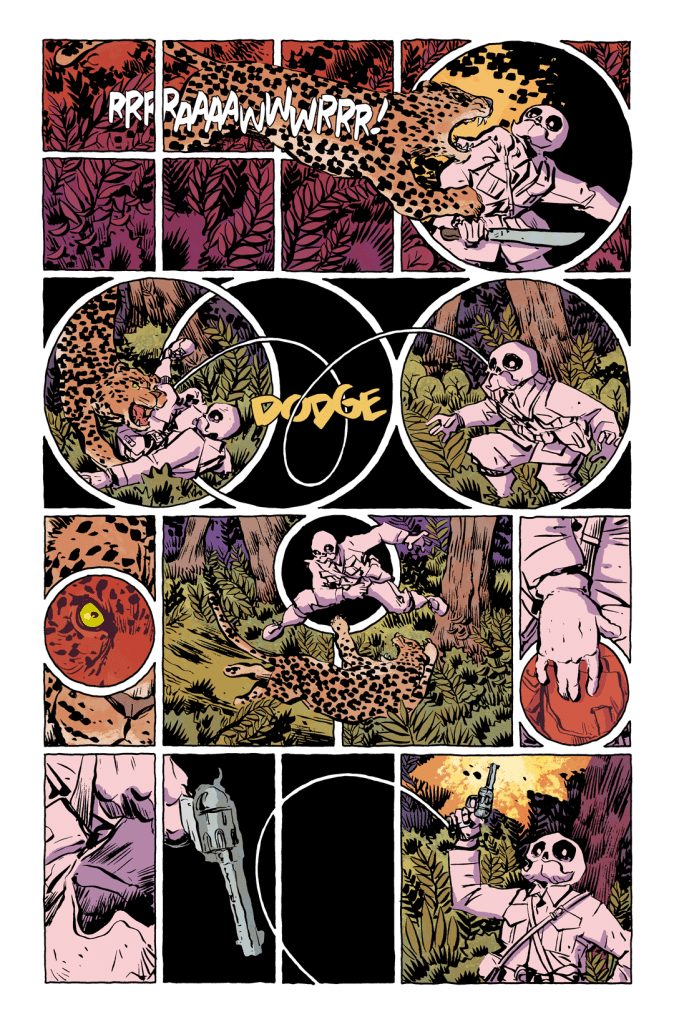 A comic panel featuring a character dodging a leaping leopard, with vibrant jungle foliage in the background. The scene includes action sound effects and expressions of tension, highlighting the dramatic moment.