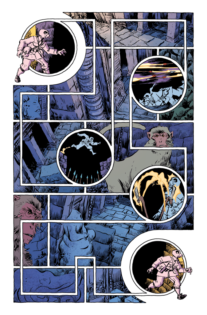 A comic panel depicting a character exploring an eerie, ancient environment. The scenes include a figure in a stylish outfit, various creatures, and atmospheric backgrounds, with a mix of dark and vibrant colors conveying suspense and action.