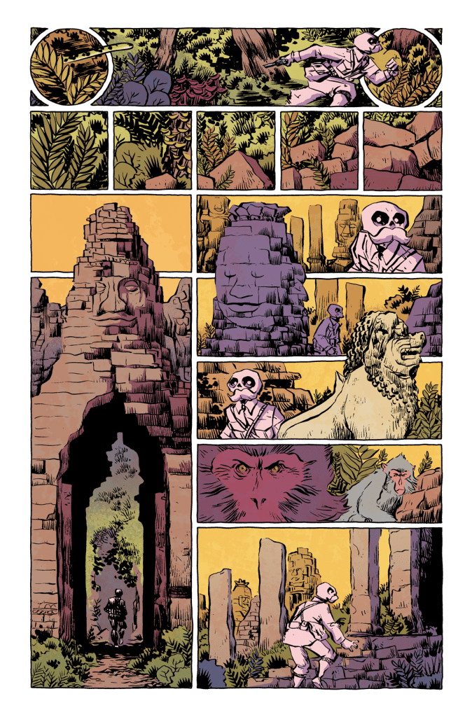 A comic panel depicting a figure in a white outfit exploring a dense jungle, encountering ancient ruins, stone faces, and animal creatures like a lion and monkeys.