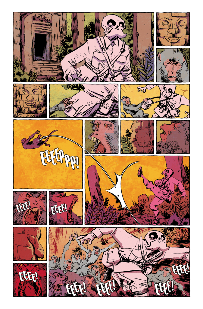 A comedic comic panel featuring a character wearing a skull mask and a military outfit, encountering a group of alarmed monkeys. The character appears startled and is screaming, while the monkeys are depicted in various expressions of shock and fear, set against a jungle backdrop with ancient ruins.