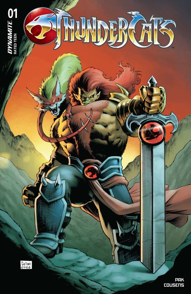 Cover of ThunderCats comic issue 01, featuring two characters: a muscular warrior with red fur and a sword, and a feline creature with green fur, set against a rocky backdrop.