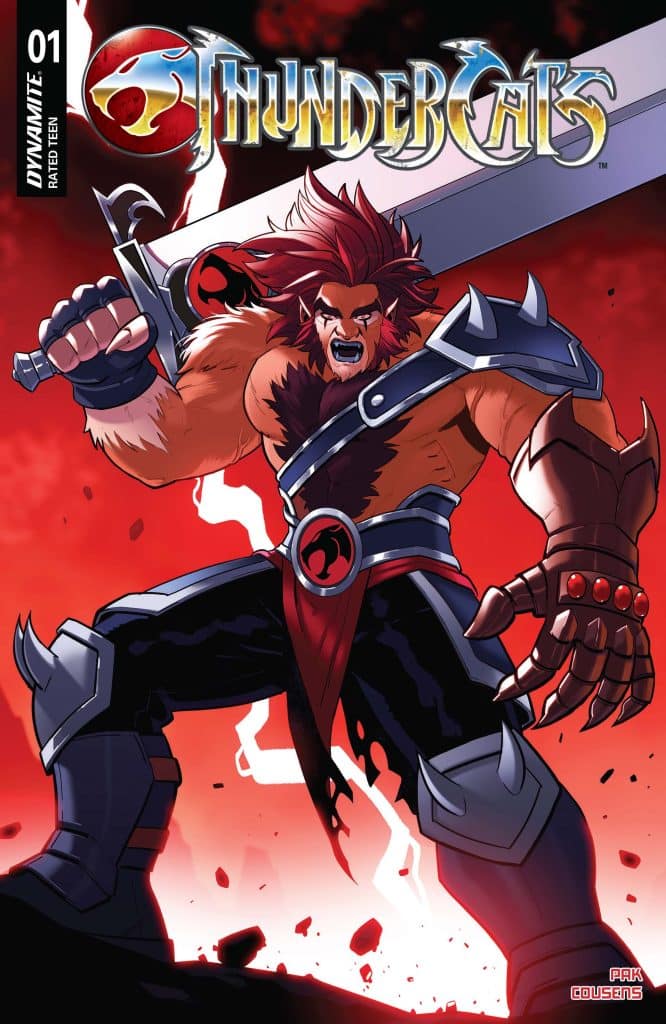 Comic book cover featuring a muscular character from ThunderCats, brandishing a sword against a dramatic red background.