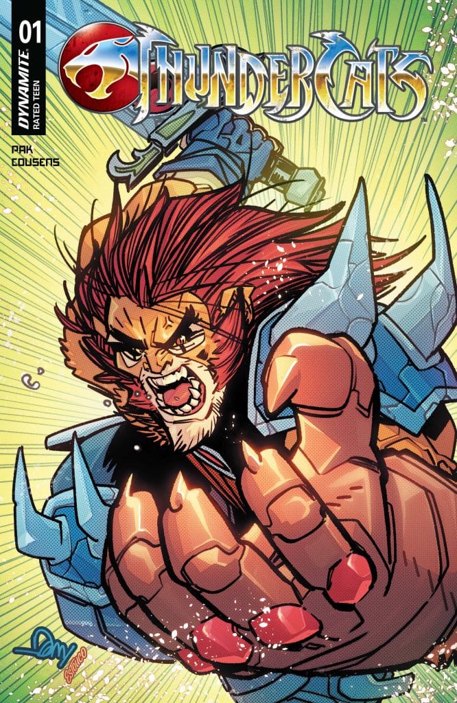 Cover of ThunderCats comic issue #1 featuring a character with red hair and a fierce expression, reaching forward with a large hand, set against a dynamic background with rays of light.