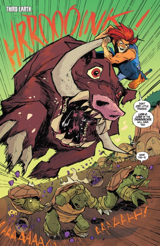 An action-packed comic scene featuring a character riding a large, fierce creature on a vibrant background. The character, Lion-O, is depicted confidently fighting for his friends, while two turtles react in fear as chaos unfolds around them.