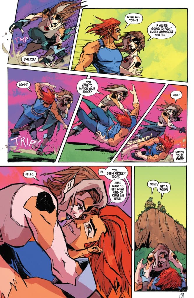A comic panel showing two characters engaged in a dynamic confrontation, with one character tripping another. The scene is vibrant with colorful backgrounds and expressive dialogue reflecting tension and humor.
