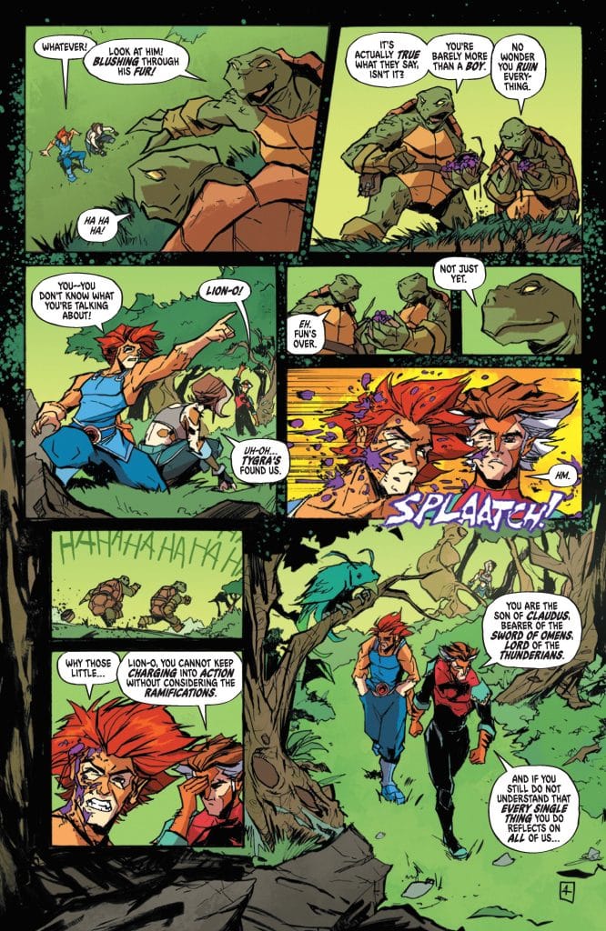 A comic panel featuring anthropomorphic characters in a forest setting. One character, Lion-O, is shown engaging with friends, while two other characters approach with a humorous demeanor. The scene captures moments of laughter and interaction, with splashes of action occurring amidst their conversation.