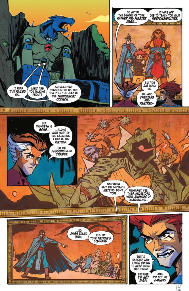 A comic book panel showing a dialogue between several anthropomorphic characters, including a blue feline figure, a red-haired character, and others, discussing themes of leadership, responsibility, and past events related to the Thundercats and the character Jag.
