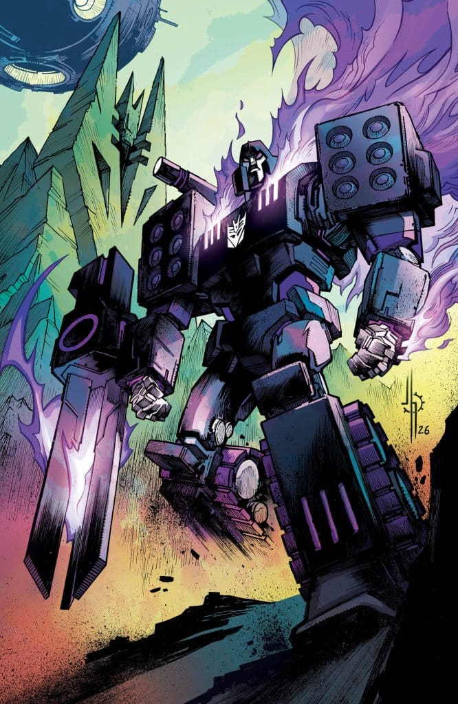 A powerful robotic character standing in a dramatic pose, with smoke and energy effects, set against a vibrant, colorful background featuring abstract shapes and patterns.