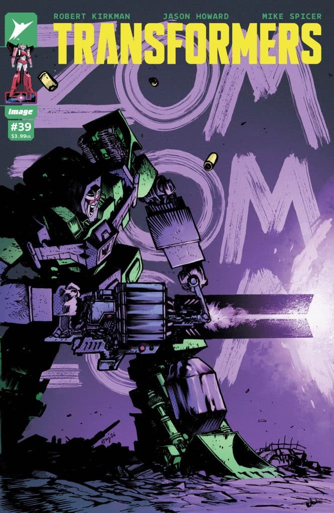 Cover of Transformers comic issue #39 featuring a large robotic character firing a weapon against a purple and abstract background.