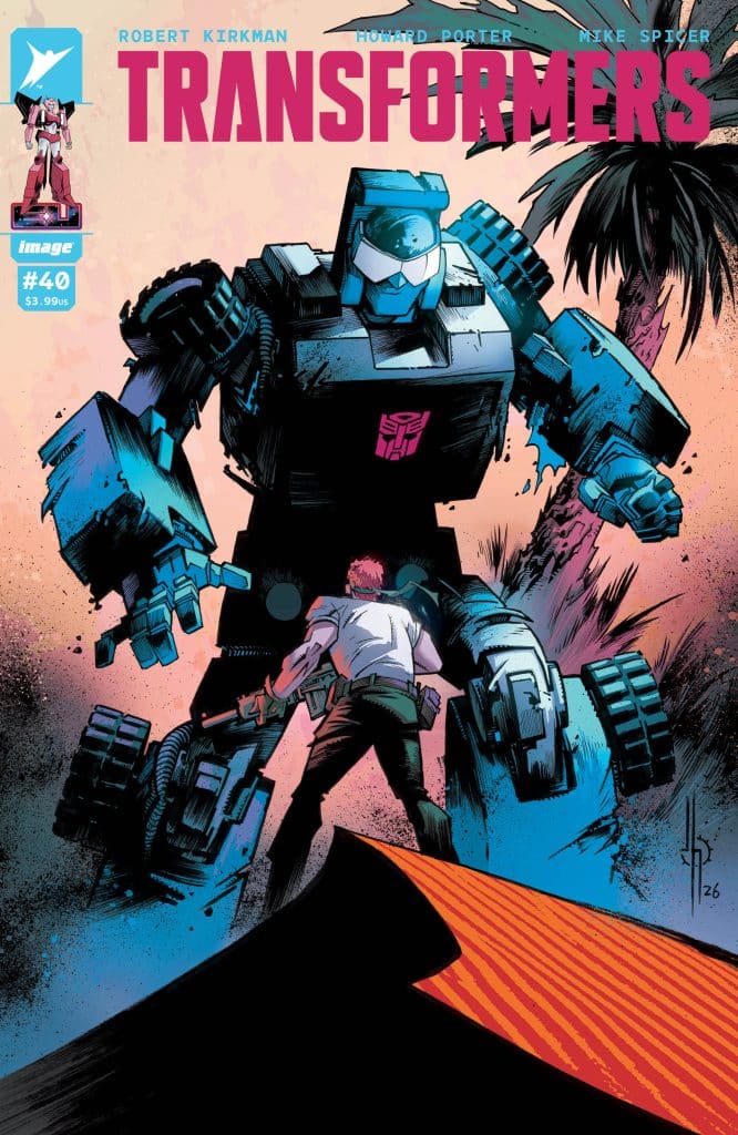 Cover of Transformers comic issue #40 featuring a large robot looming over a human character in a dramatic pose, with palm trees and colorful background.