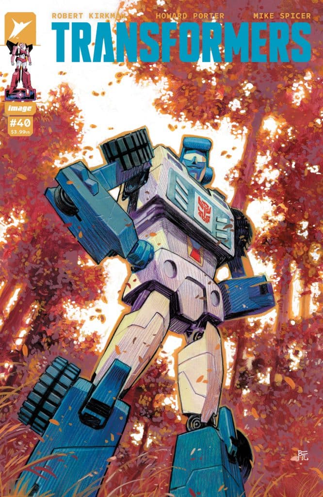 Cover art of Transformers comic issue #40, featuring a blue and white robot in an autumn forest, with orange leaves and a dramatic perspective.