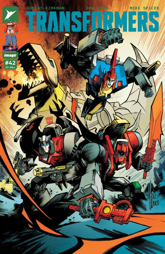 Comic book cover featuring Transformers characters in action, showcasing a dynamic battle scene with vibrant colors.