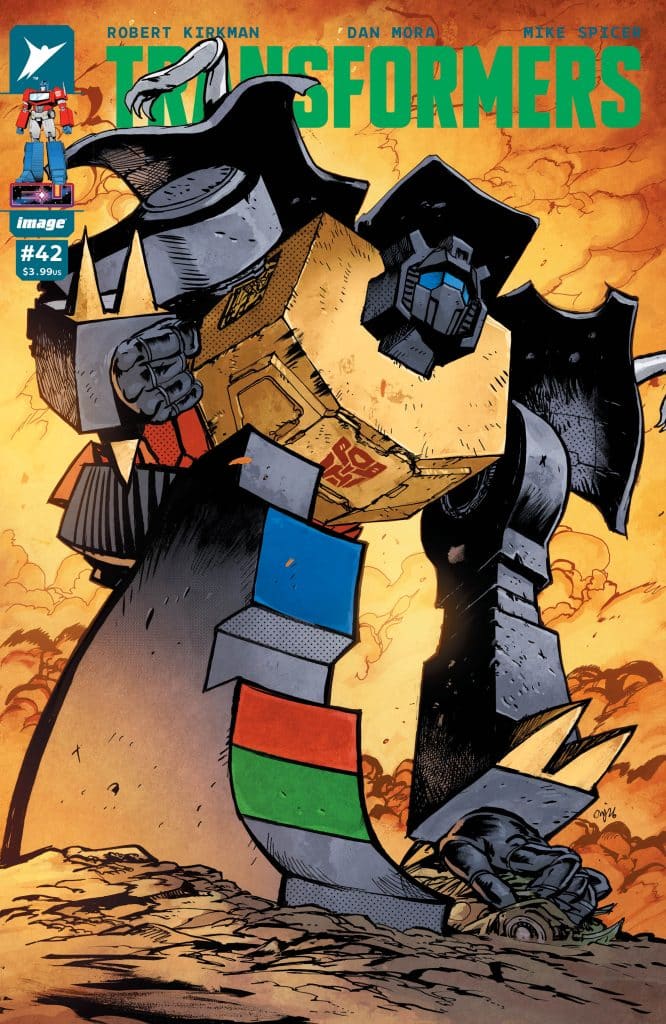 A bold comic book cover featuring a large, robotic character in a dramatic pose, set against an orange and yellow background. The title 'Transformers' is prominently displayed at the top, alongside the issue number and creator names.