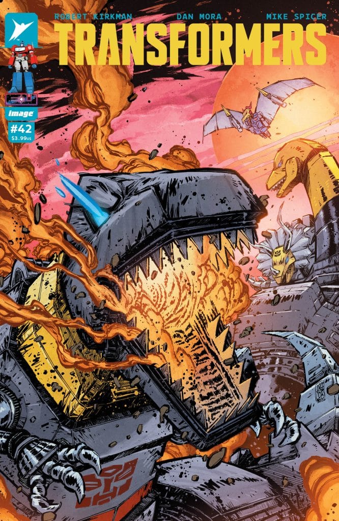 Cover of Transformers comic issue #42 featuring a fierce dinosaur-like robot emitting flames and smoke against a colorful background.