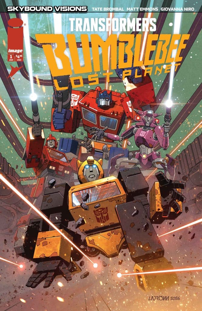 Cover of the comic book 'Transformers: Bumblebee Lost Planet,' featuring Bumblebee and Optimus Prime in action with laser beams and an explosive background, showcasing vibrant comic art style.