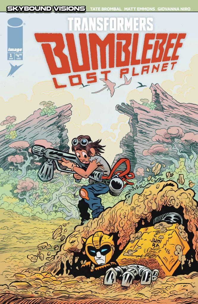 Comic book cover featuring a boy with a device in a vibrant alien landscape, alongside a partially buried Bumblebee Transformer character.