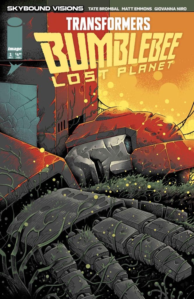 Cover art for the comic 'Transformers: Bumblebee - Lost Planet' featuring an abandoned landscape with large mechanical hands and organic vines. The title is prominently displayed in bold lettering.