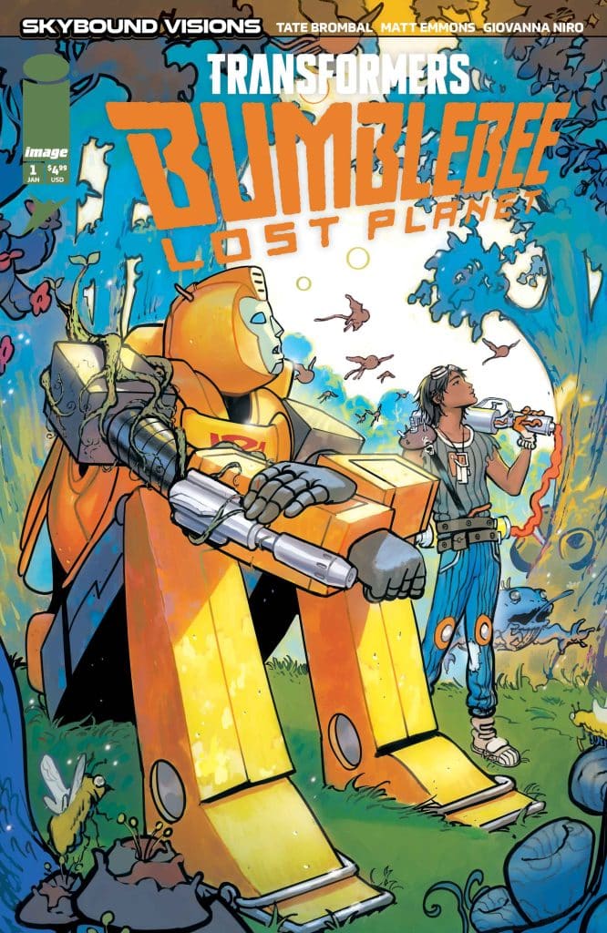 Cover of Transformers: Bumblebee - Lost Planet comic featuring Bumblebee in a vibrant forest, interacting with a young human character surrounded by colorful plants and creatures.