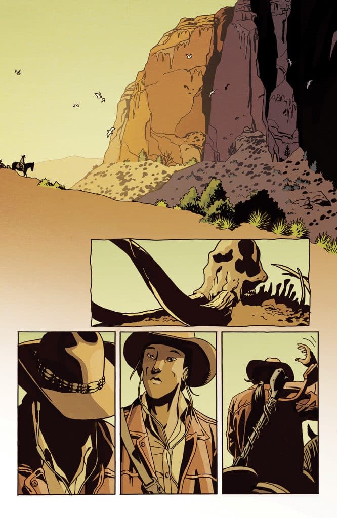 A desert landscape with a rugged mountain backdrop, featuring a cowboy on horseback in the distance and a large animal skull in the foreground. Three comic panels depict a close-up of a character wearing a hat, a thoughtful expression, and another character turning away.