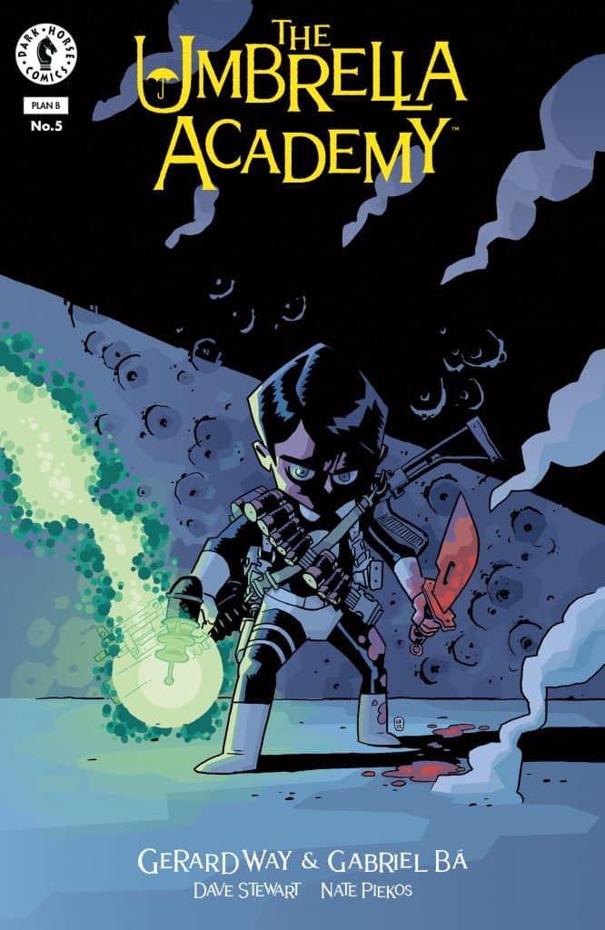 Cover art for The Umbrella Academy comic issue No. 5, featuring a character in a dark environment wielding a glowing orb and a weapon, with colorful design elements and dramatic shadows.