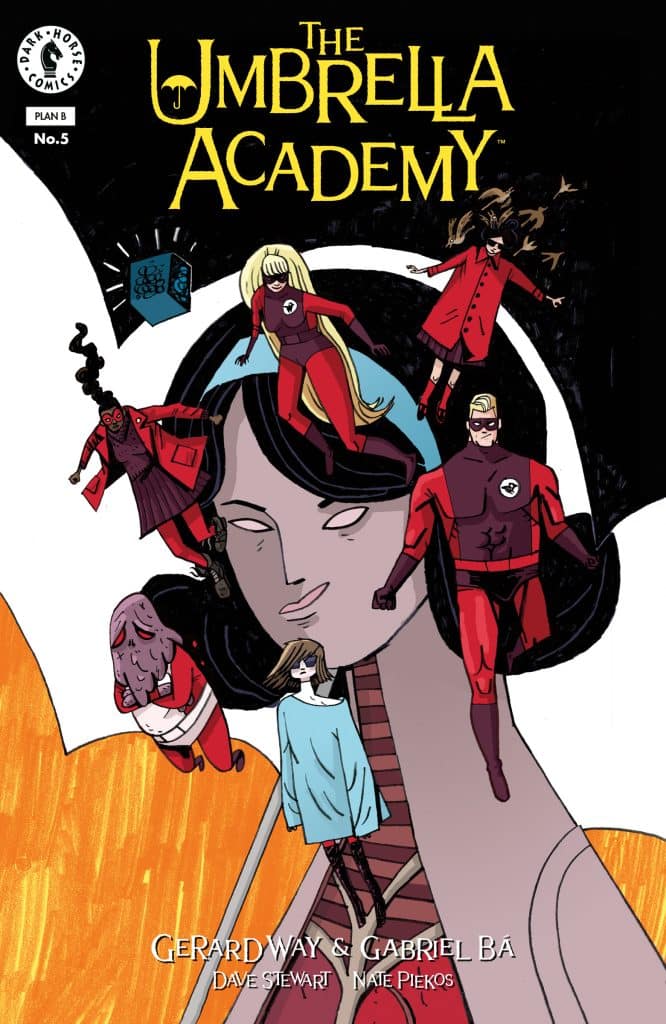 Cover art of 'The Umbrella Academy' comic book issue No. 5 featuring a stylized illustration of a central character with various other characters floating around her, all designed in a vibrant and dynamic comic style.