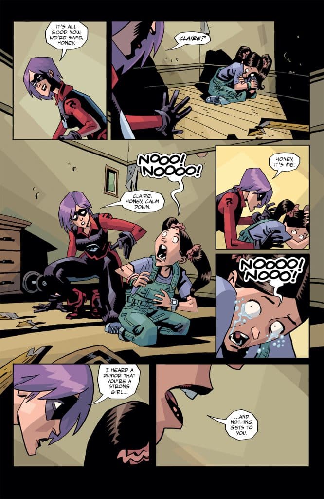 A comic panel featuring two characters. One character with purple hair in a red and black outfit reassures another character, a young girl with brown hair, who is sitting on the floor and appears distressed. The setting suggests a tense moment following a conflict, with dialogue conveying a sense of urgency and comfort.