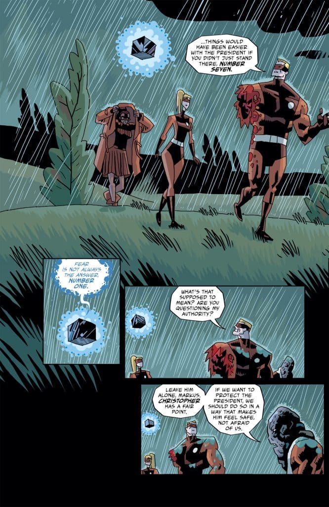 A comic book scene featuring three characters in the rain, discussing a mysterious object. One character appears to be questioning authority, while another expresses concern for the president's safety.