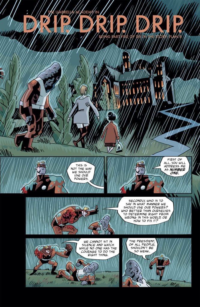 Comic book page featuring characters from The Umbrella Academy discussing the use of their powers in a rain-soaked environment, with a large mansion in the background.