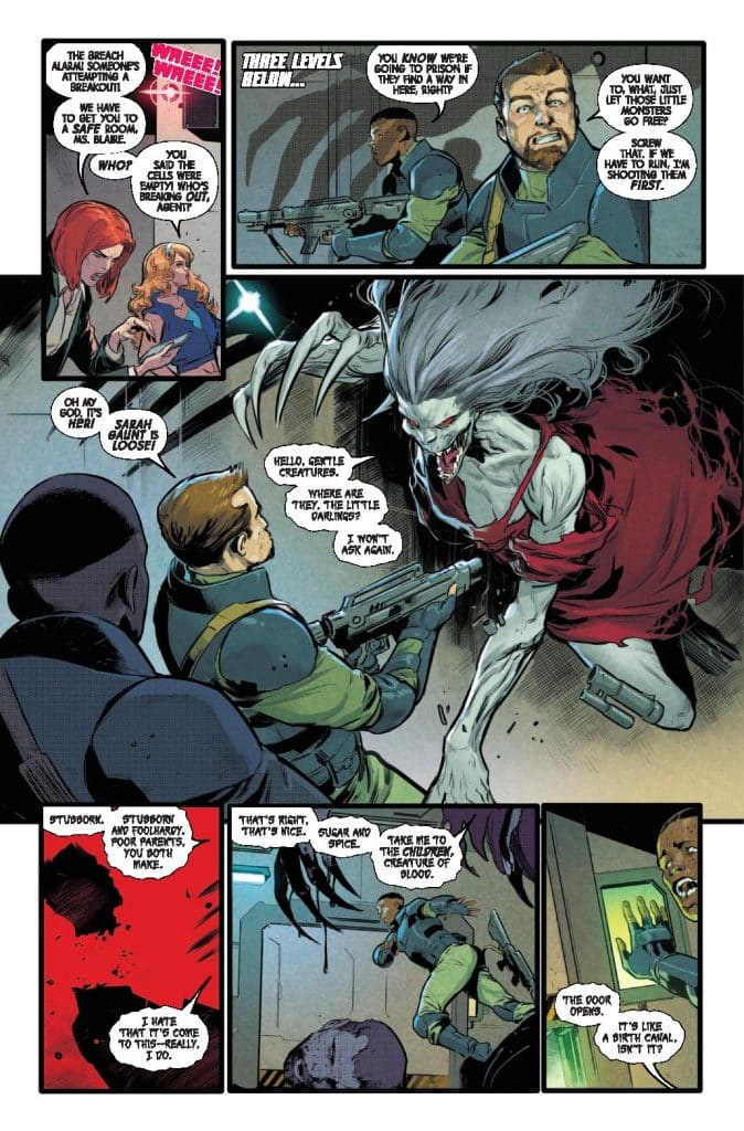 A comic book panel depicting a tense scene in a dimly lit corridor. Characters include armed soldiers confronting a monstrous figure with long hair and a flowing red garment. The soldiers display a mix of fear and determination as they strategize about their next move. Captions convey dialogue expressing urgency and concern over a potential escape.