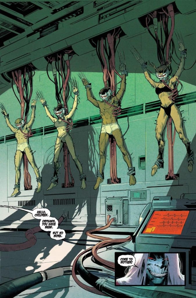 Four figures suspended in a lab, connected to wires, with facial bindings and unsure expressions. A monitor displays a menacing face and text suggesting sinister intentions.