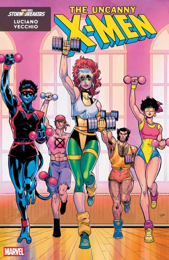 A comic book cover featuring the X-Men characters in a vibrant gym setting, exercising with dumbbells. Characters include a blue-skinned mutant, a red-haired woman in workout attire, and others in colorful athletic outfits, all depicted in a dynamic pose.