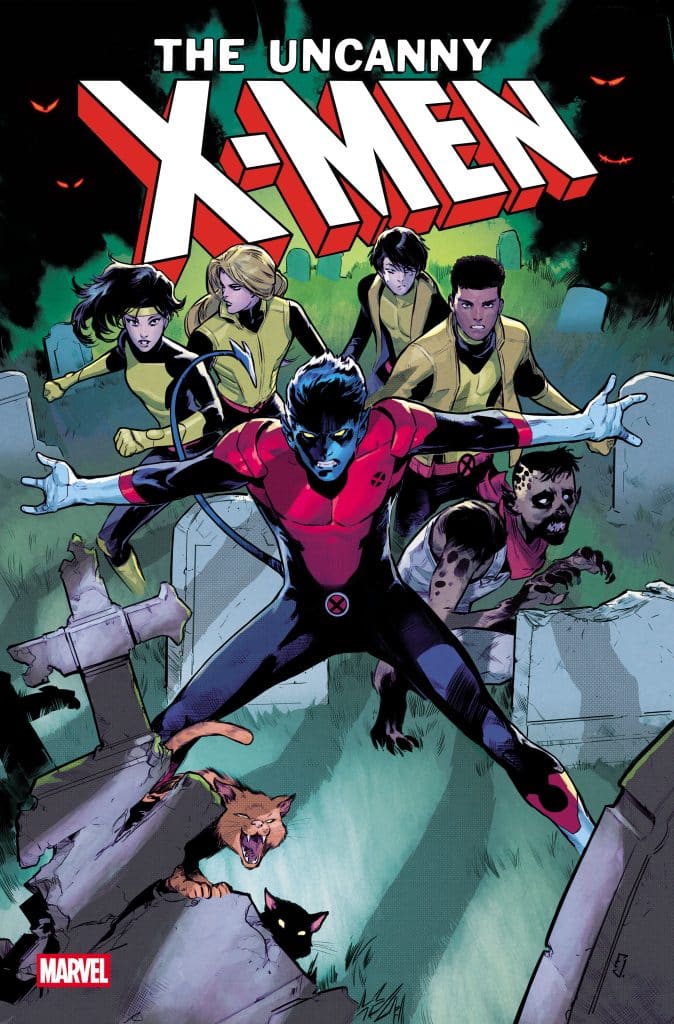 Cover of 'The Uncanny X-Men' featuring a group of superheroes standing among gravestones, showcasing action poses. The character Nightcrawler is in the foreground with a dramatic stance, while other characters, including a black cat and dog, are visible in the background.