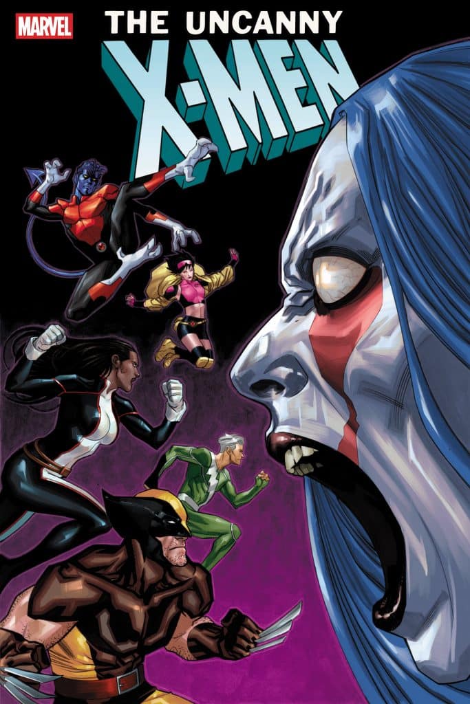 Comic cover featuring the title 'The Uncanny X-Men' with prominent characters including Wolverine, Cyclops, and others engaged in action against a large, shouting figure.