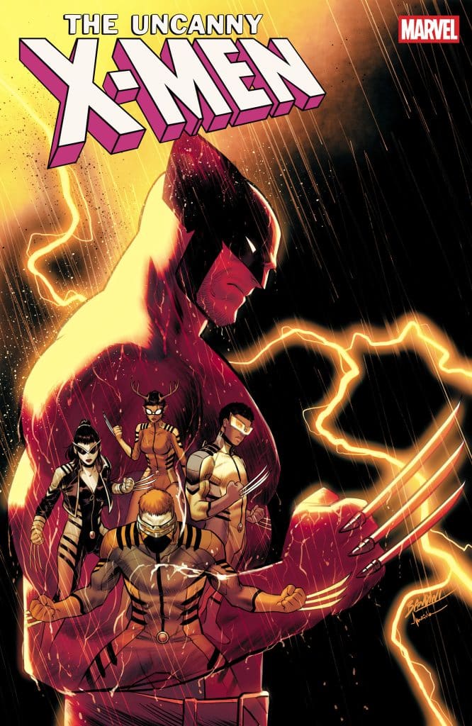 Cover art for 'The Uncanny X-Men' comic series featuring multiple characters in a dramatic pose with electric effects in the background.