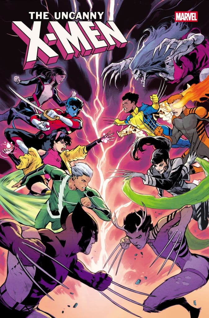 A dynamic comic book cover featuring the Uncanny X-Men, showcasing multiple characters in action poses against a vibrant, colorful background with energy blasts.