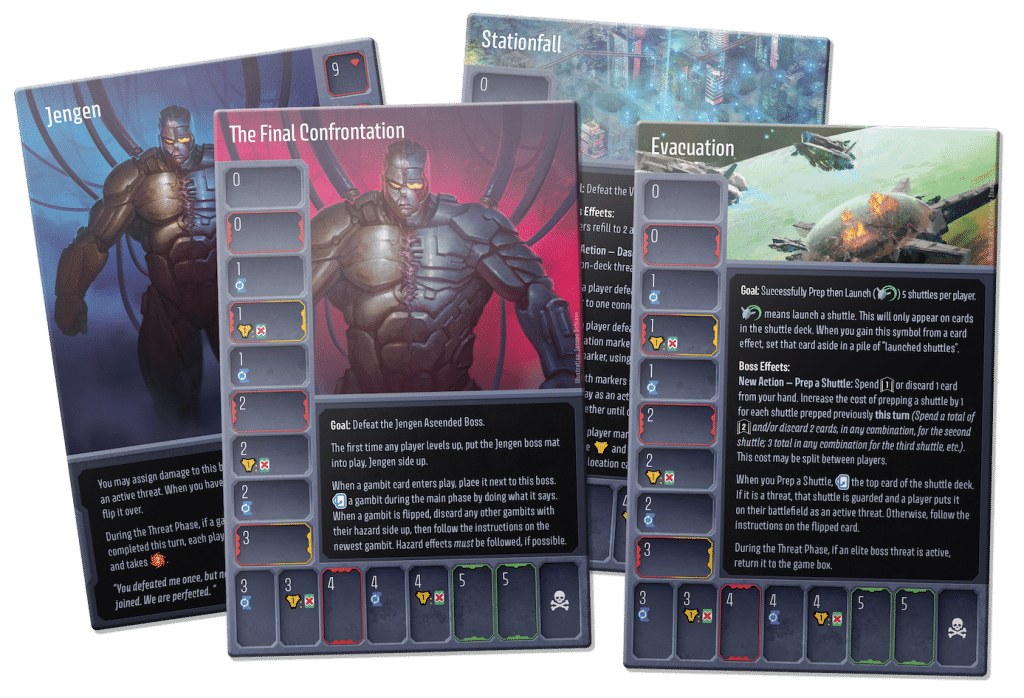 Four game cards from a tabletop game featuring illustrated characters and game mechanics. Cards include 'Jengen', 'The Final Confrontation', 'Stationfall', and 'Evacuation', each with descriptions of goals, actions, and effects related to gameplay.