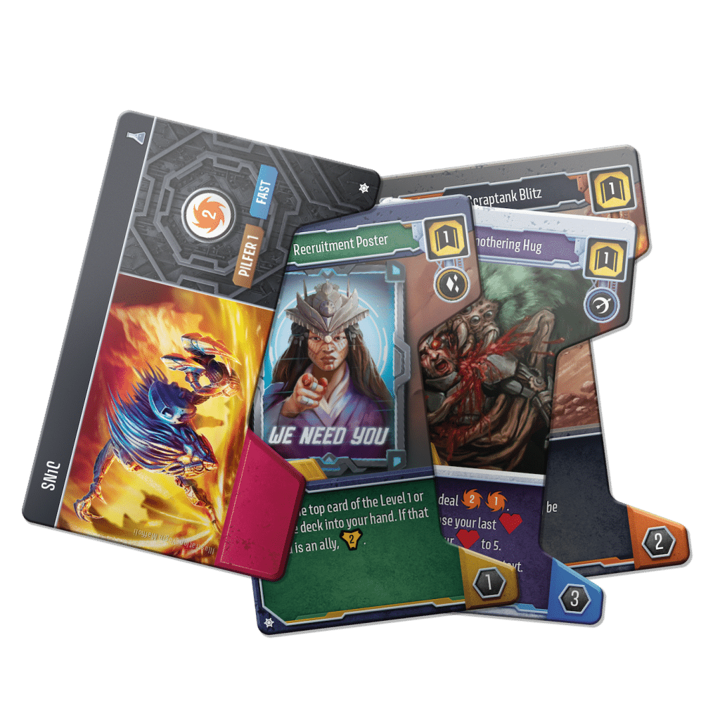 A collection of game cards showcasing various characters and actions, including a 'Recruitment Poster' card featuring a character with a finger pointing and the text 'WE NEED YOU', alongside other action and ability cards.