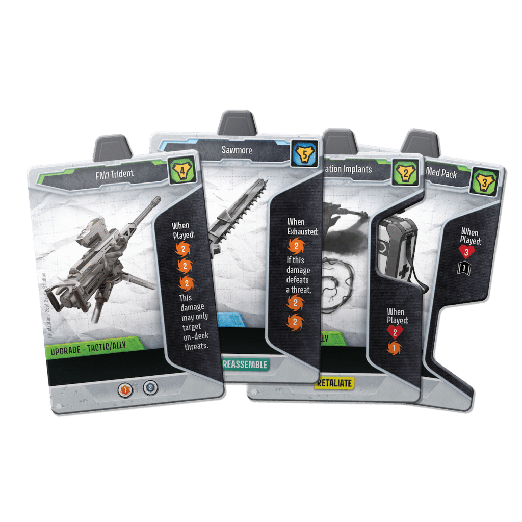 A collection of game cards featuring various items and upgrades, including FM7 Trident, Sawmore, Augmentation Implants, and Med Pack, each with unique effects and attributes.