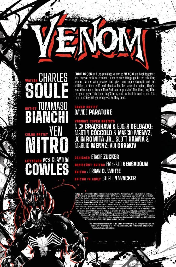 Cover page of the comic 'Venom' featuring the title prominently, along with credits for the writer, artist, cover artist, and editorial team. The artwork depicts the character Venom in a dynamic pose.