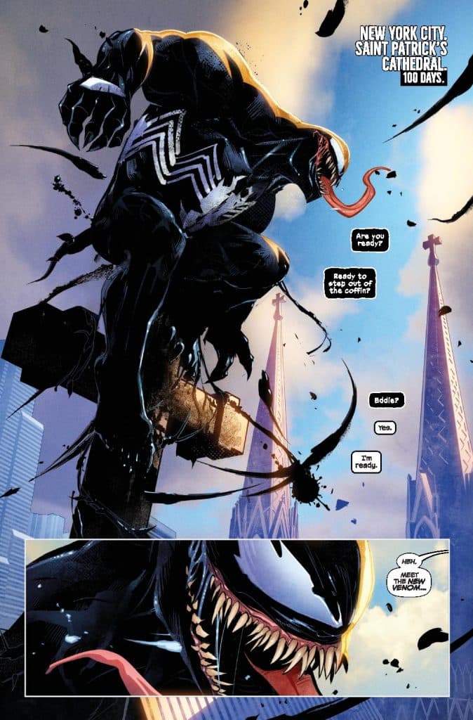 A comic book illustration featuring the character Venom in an imposing pose atop a cross outside Saint Patrick's Cathedral in New York City, with dialogue bubbles indicating a conversation. The background includes the cathedral's spires against a blue sky.