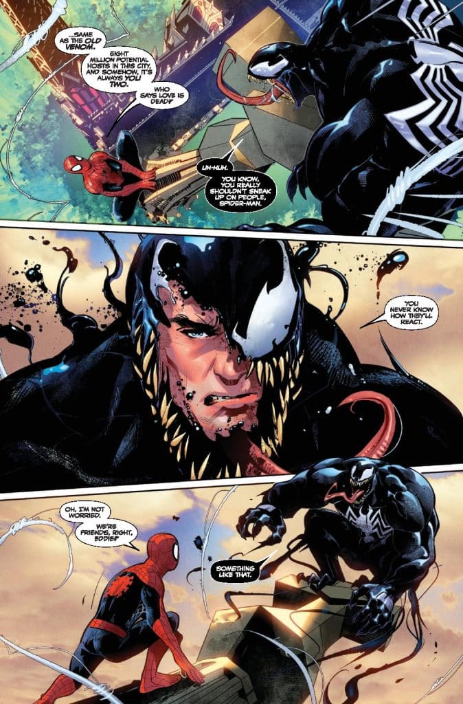 Comic book scene featuring Spider-Man and Venom engaged in a conversation. Spider-Man, in his iconic red and blue suit, swings through the air while Venom, a menacing figure with sharp teeth and a black symbiotic suit, looks on with a serious expression. The background depicts a city skyline.