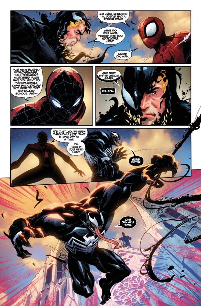 Comic panel featuring Spider-Man and Venom in a tense conversation, with dynamic expressions and action-packed background elements.