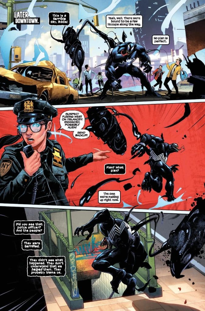A comic book panel depicting a chaotic urban scene with a police officer speaking into a radio, while a character in a black suit resembling a superhero is shown in action, surrounded by startled civilians and a rundown yellow taxi.