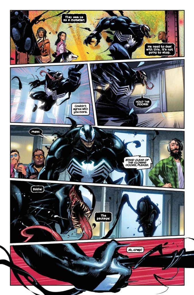 Comic book panel featuring a character resembling Venom, an alien symbiote, interacting with humans in a dramatic scene. The character appears menacing with sharp teeth and an animalistic stance. Dialogue in the panels reveals a tense situation, with expressions of concern from bystanders.