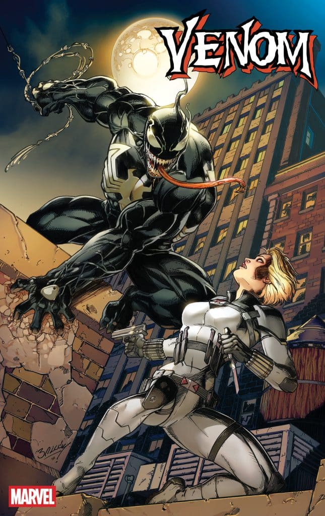 Comic book cover featuring Venom, a black symbiote with sharp teeth, lunging towards a female character in a silver and black suit, both posed dramatically against an urban backdrop under a full moon.