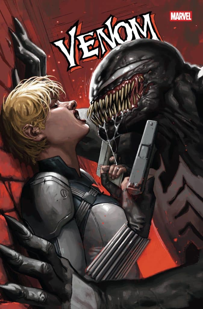 A dramatic comic cover featuring a character with blonde hair and a sleek armored suit facing off against Venom, a menacing alien creature, against a red and black background.