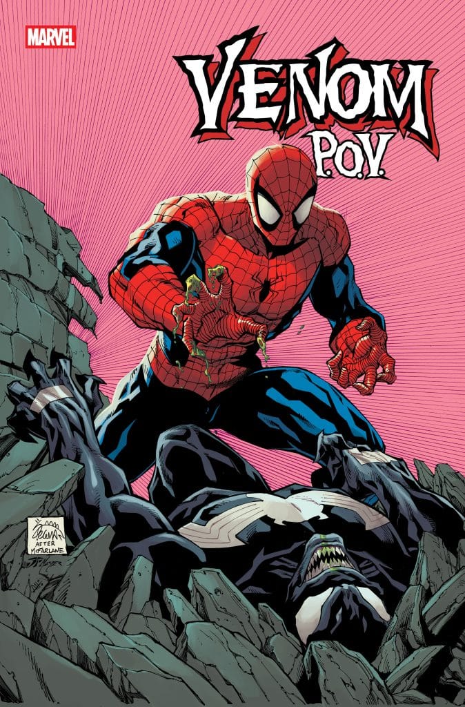 Comic cover featuring Spider-Man in a dynamic pose above Venom, surrounded by cracked rocks, with pink rays in the background.